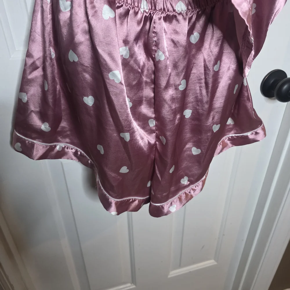 Heart-Print Satin Short Pajama Set in Dusty Rose - Picture 3 of 3